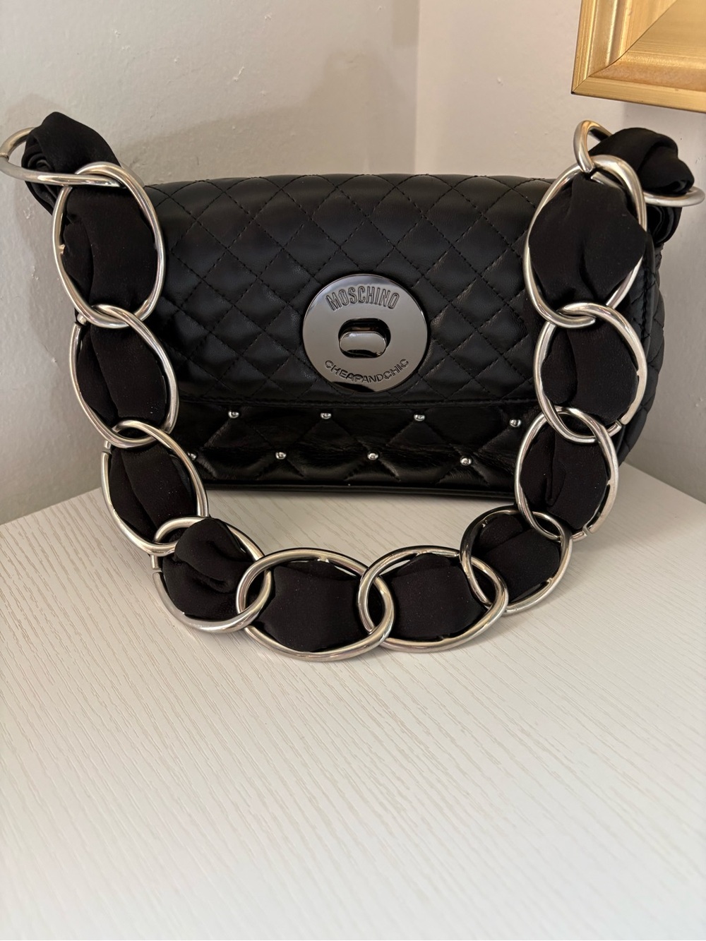Moschino Black Quilted Shoulder Bag with Chunky Silver Chain